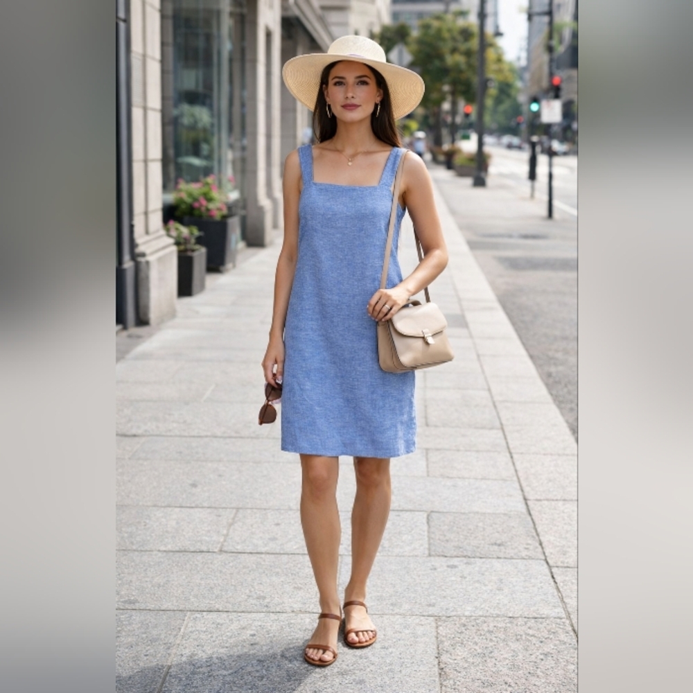 Light Blue Overall Linen Dress SZ 10